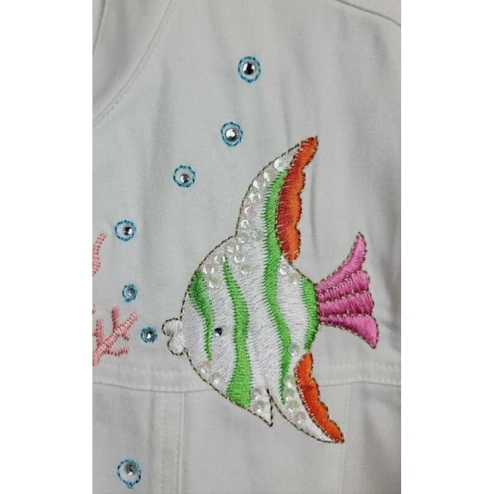 Quacker Factory‎ White Jacket Medium Fish Embroidered Rhinestone - Picture 3 of 10